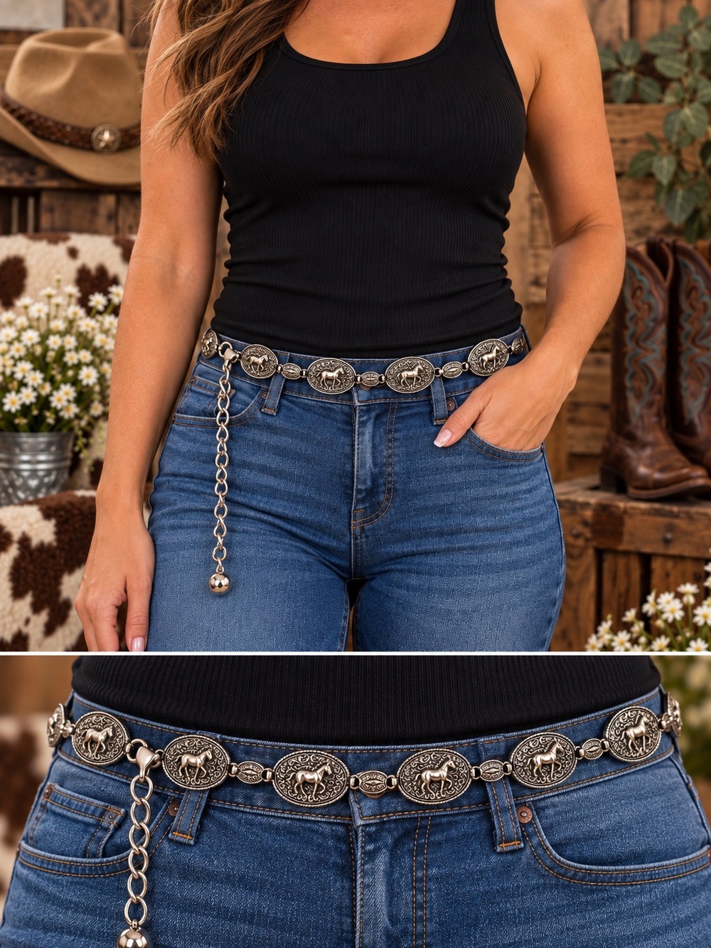 Western Silver Horse Concho Chain Belt - Women